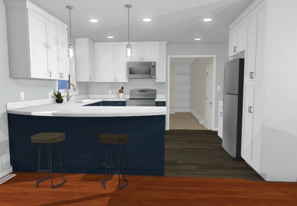 Adobe Express - file 3D Design rendering of kitchen remodel with white and blue cabinets