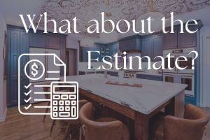 Remodeled kitchen with calculator and list overlay.