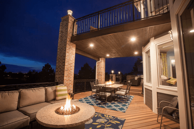 Beautiful Trex Deck Beautiful Trex deck at night with outdoor lighting and fire pit.
